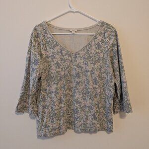 J Jill Floral Pima 3/4 Sleeve V-Neck Tee, Size Large